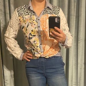 Maeve by Anthro mixed media blouse in neutral motif